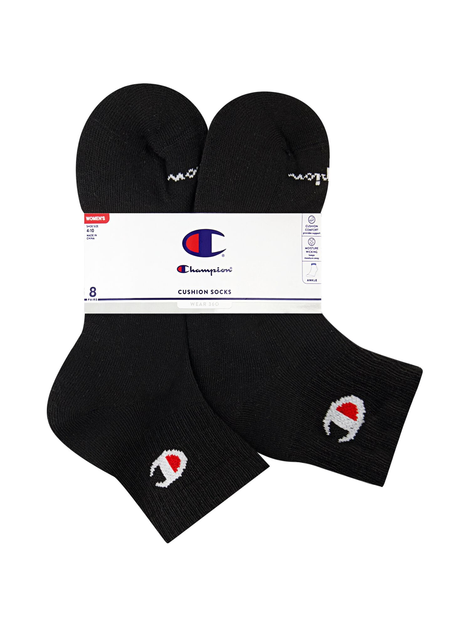 Champion Women’s Wear 360 Cushioned Ankle Socks, 8 Pack, Sizes 4-10