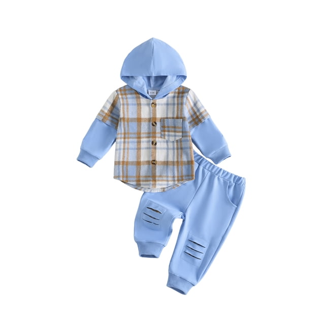 Conjunto de otoño para niño y niña: camisa con capucha a cuadros, chaqueta y pantalón deportivo.