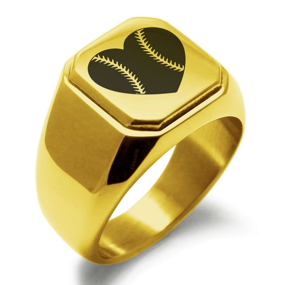 Stainless Steel Love Baseball Heart Engraved Square Flat Top Biker Style Polished Ring