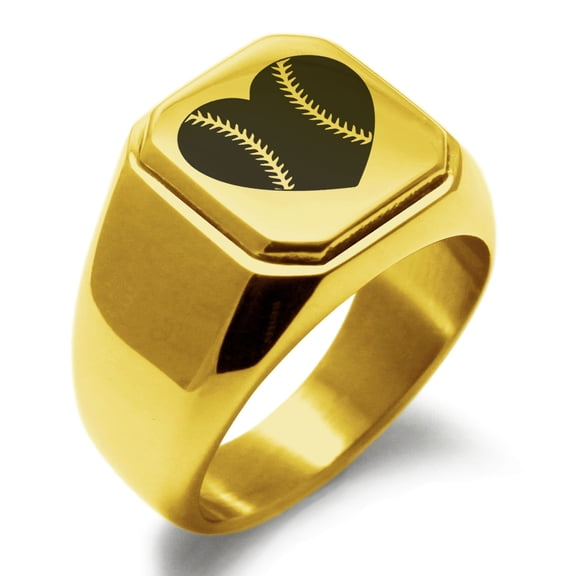 Stainless Steel Love Baseball Heart Engraved Square Flat Top Biker Style Polished Ring