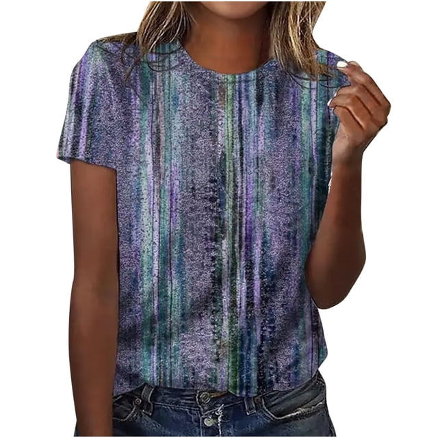 Hauts Tuniques pour Femmes Coupe Ample Chic Col Rond Manches Courtes Pli Régulier Blouse Imprimée T-shirt Hauts d'Été pour Femmes