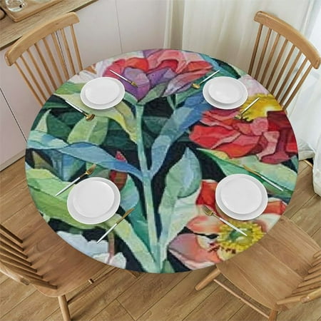 

Tllo0ord Watercolor Flower Round Fitted Tablecloth Summer Spring Flowers Seasonal Theme Print XXSmall Elastic Edged Polyester Table Pad Fit Round Table Diameter for Restaurant Picnic Party 54-58