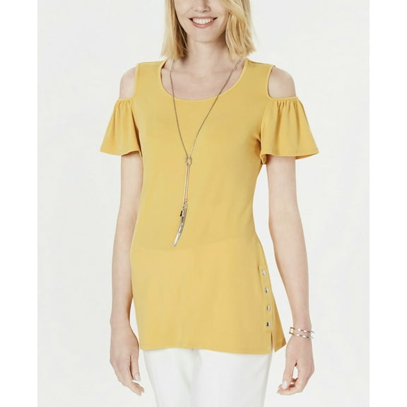 JM Collection Women's Petite Cold-Shoulder Necklace Top Saffron Gold Size PP