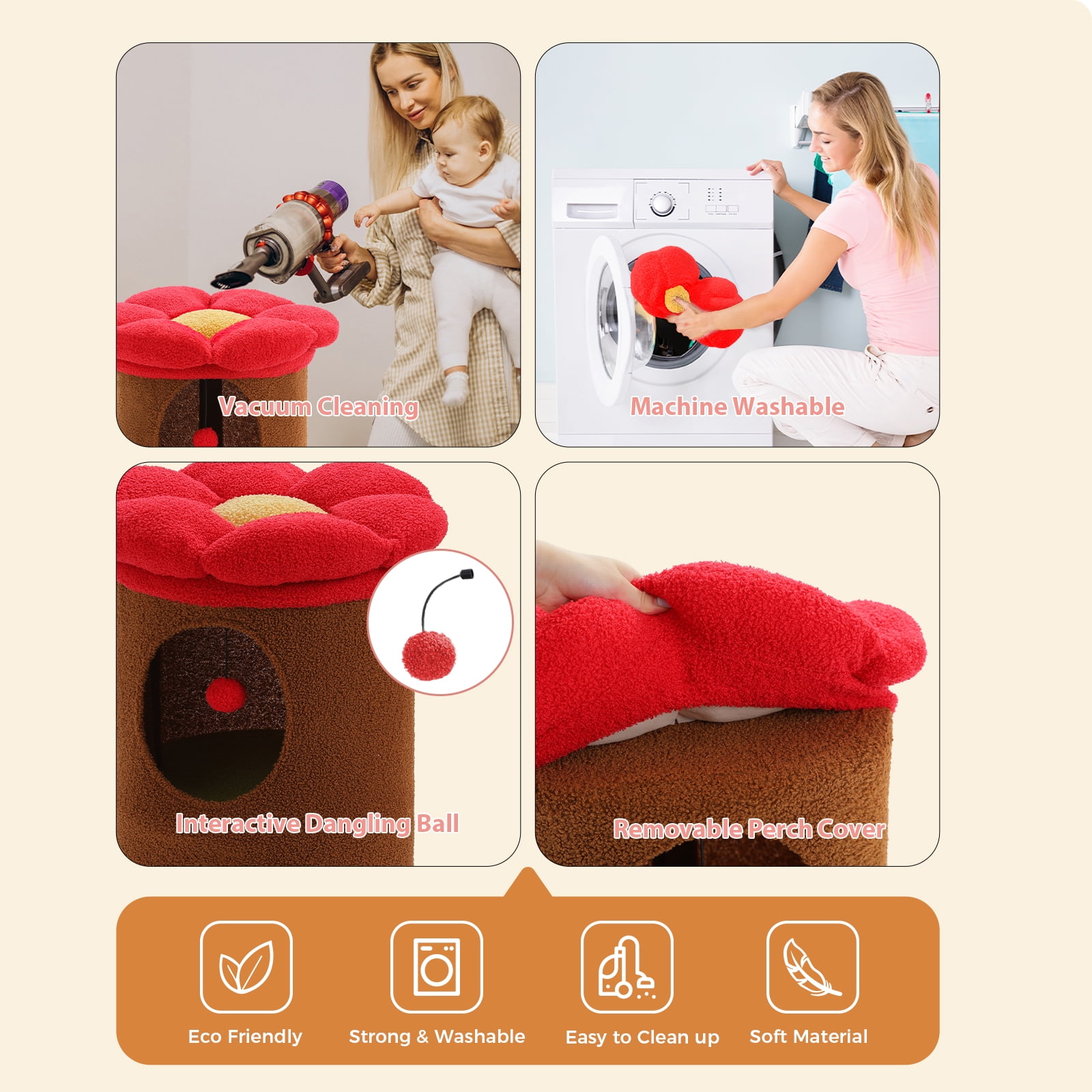 Pefilos 28" 2-Level Cat House Condo with Tree, 2 Cave Bed & Removable Flower Cat Cushion, Brown