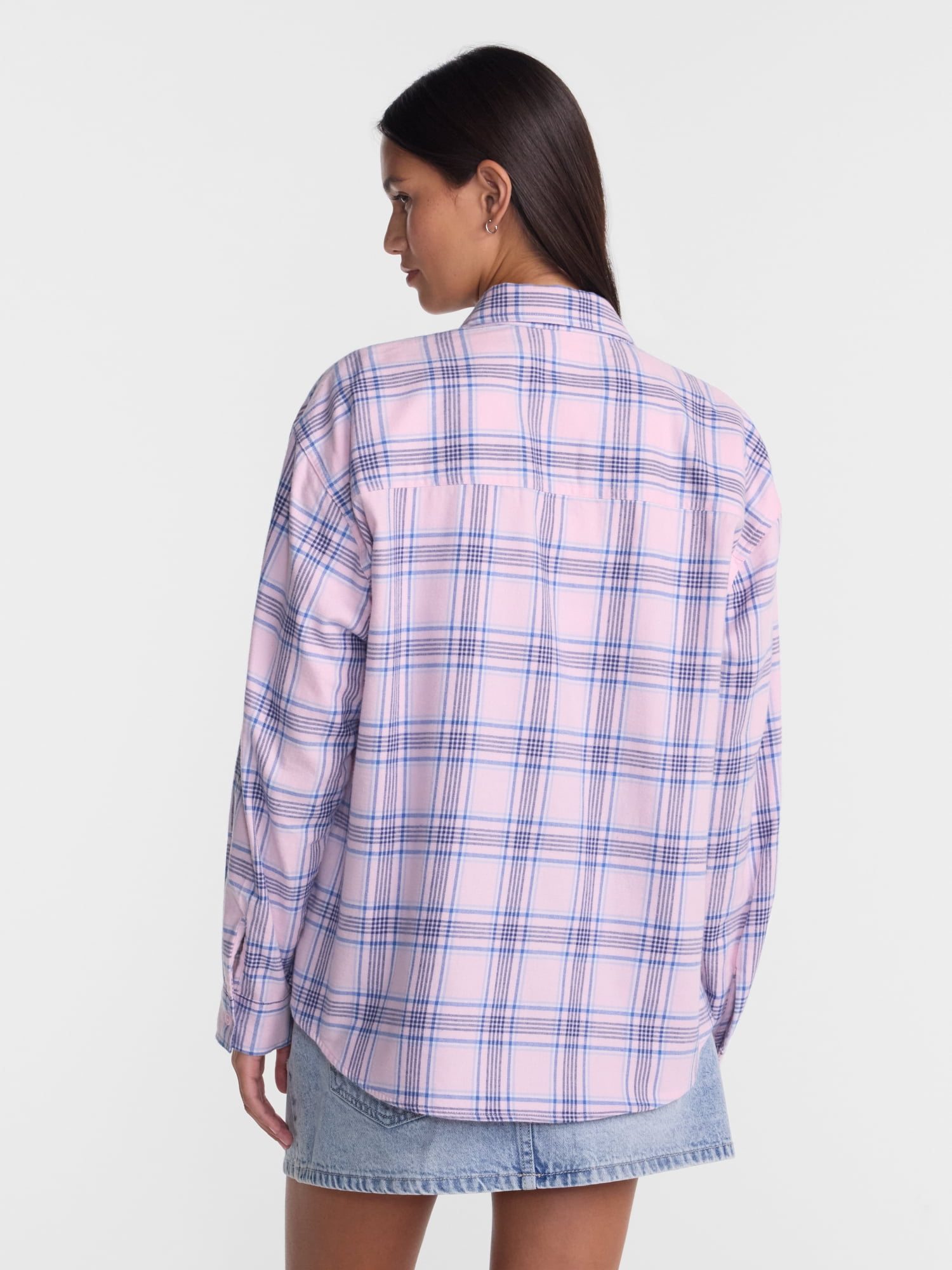 No Boundaries Plaid Flannel Shirt with Long Sleeves, Women's XXS-XXL