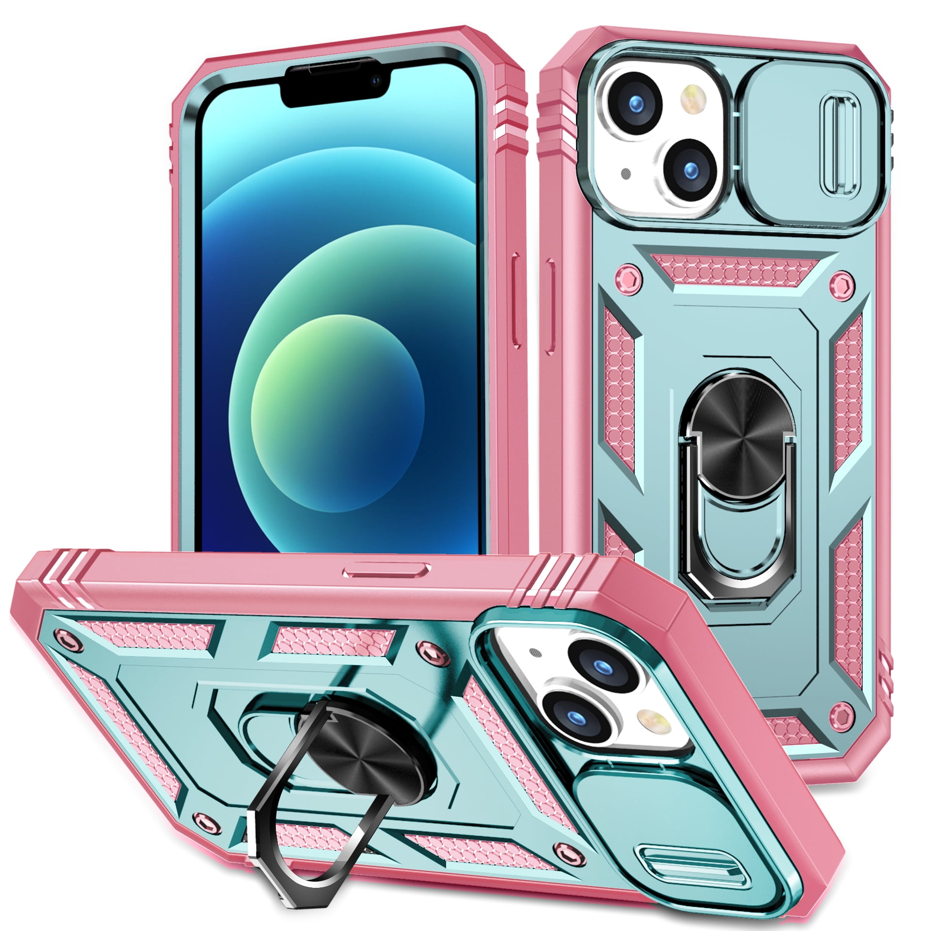Military Grade Drop Impact for iPhone 15 Camera Lens Slide Protection Case 360 Metal Rotating Ring Kickstand Holder Armor Shockproof Case For iPhone 15, Pink+Green