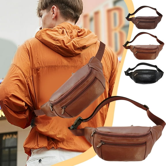 Yhmxh Double Pocket Crossbody Fanny Pack Running Belt for Men Women, Genuine Leather Waist Bag Slim Shoulder Bag Hip Purse Adjustable Belt Strap Casual Pouch Outdoor Day Bag (Red)