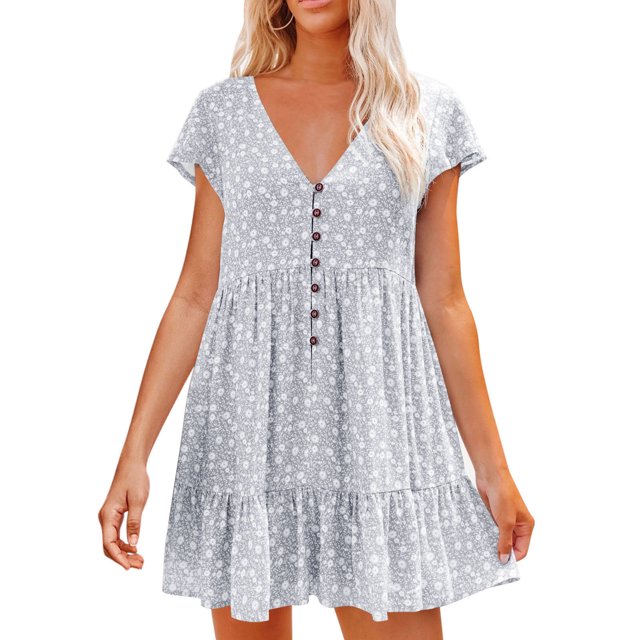 Prolriy Robes Printemps Été pour Femmes 2025 Robes d'Été à Manches Courtes à Fleurs Col en V Boutonnée Robes Courtes pour Femmes, Robes pour Femmes Gris TTG