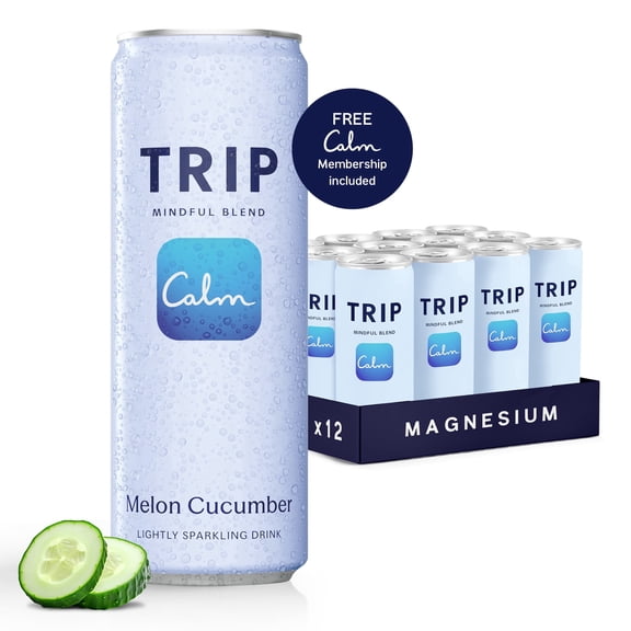 TRIP Sparkling Magnesium Drink, Melon Cucumber Flavor, 12 oz, 12 Pack, Adaptogen Drink With Ashwagandha and Lions Mane
