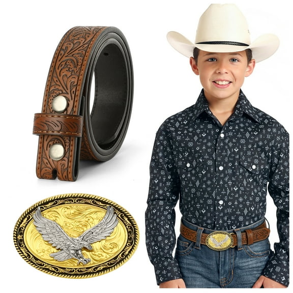 SUOSDEY Kid Western Leather Belts for Cowboy Cowgirl,Boys Girls Embossed Black Belt for Jeans Pant Dresses Birthday Christmas Gifts