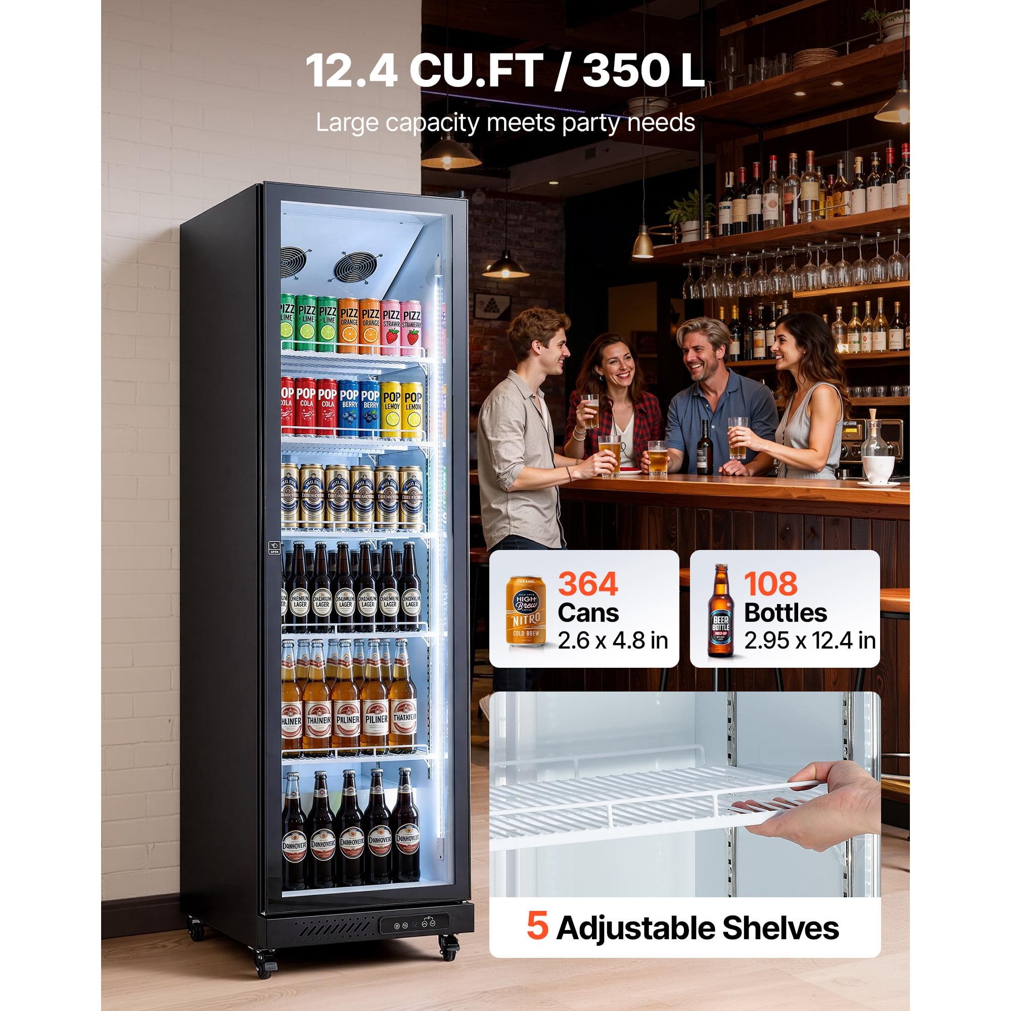 KFFKFF Commercial Merchandiser Refrigerator, 12.4 Cu.Ft / 350 L Upright Beverage Cooler with Glass Door, Adjustable Shelves, LED Lighting, and Casters for Home, Shop, or Bar Use