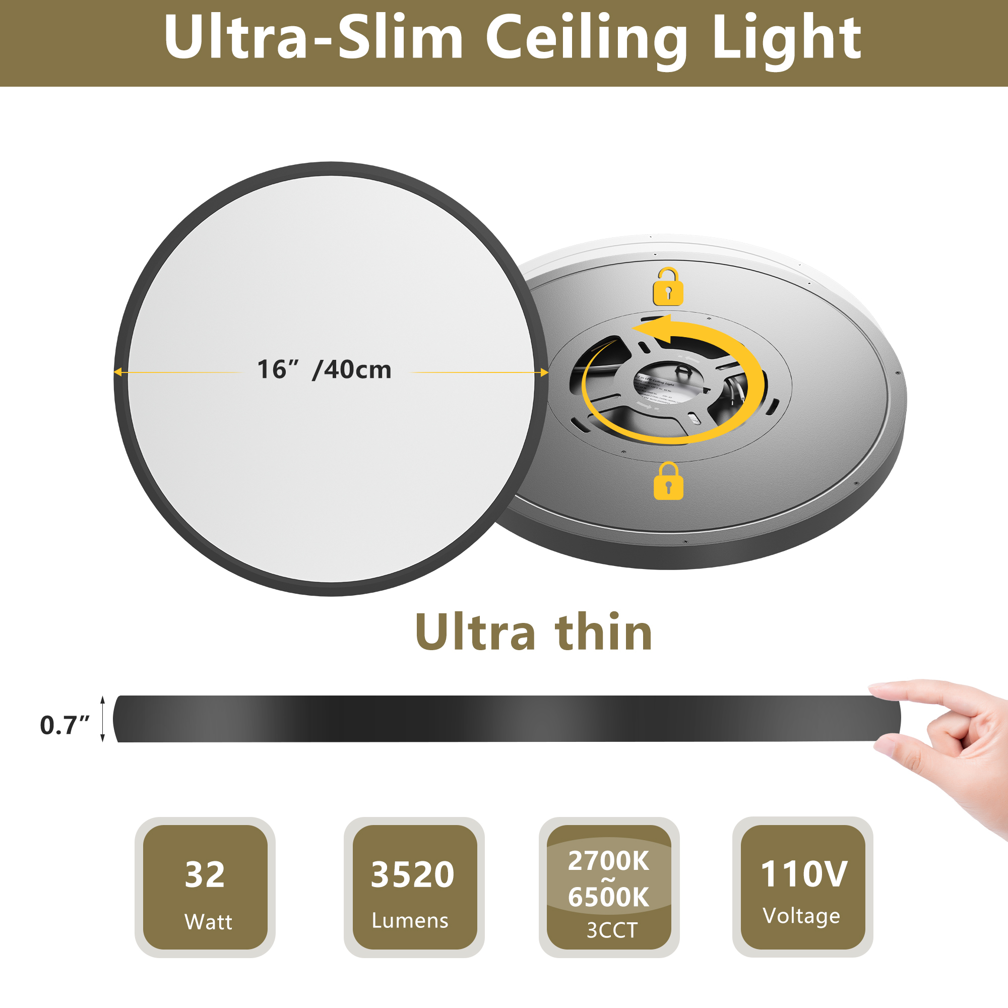 Leumius 4-Pack Flush Mount LED Ceiling Light Fixture, 16Inch 32Watt, Dimmable & 5 Color Selectable Ceiling Lamp 3520LM Low Profile Ceiling Light for Kitchen Bedroom Hallway Porch Black