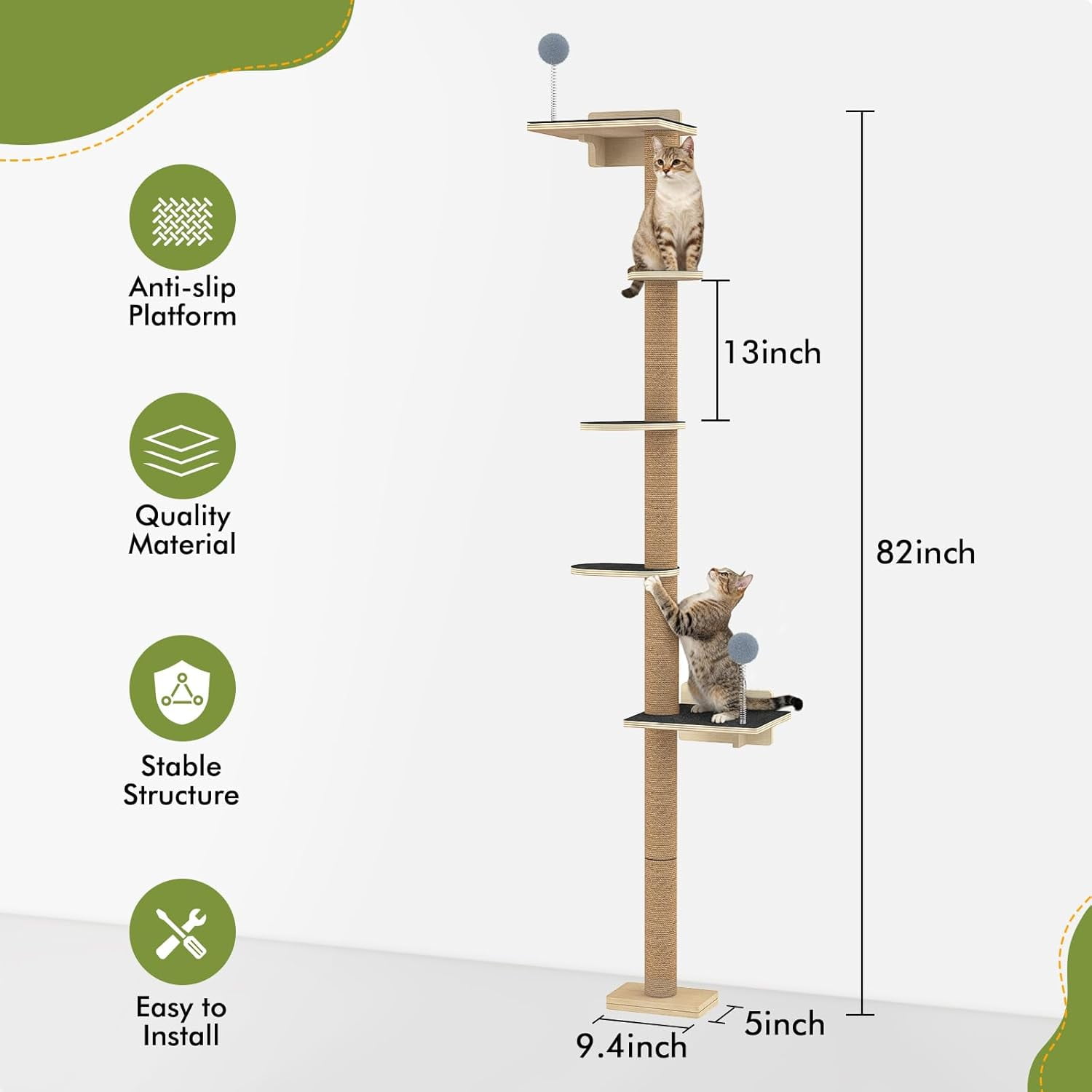 Tall Cat Tree Wall Mounted for Large Cats, 82-inch Corner Scratching Post with Toys, Ceiling-to-Floor Cat Tower and Play Shelf for Sleeping Lounging Perching
