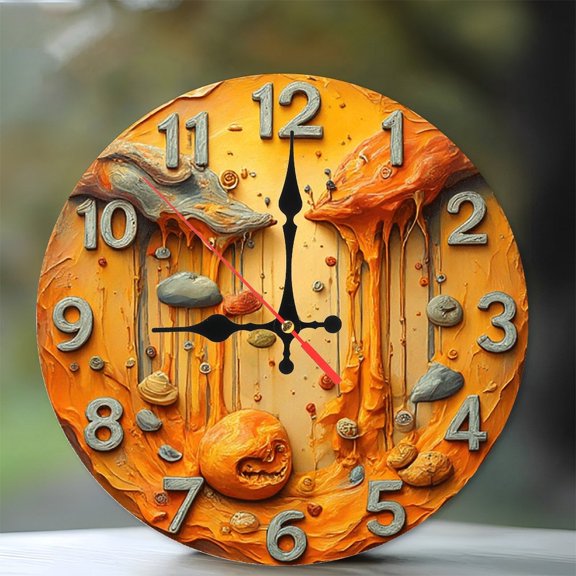 Orange Pumpkin Melting Clock Wall Decor 10-Inch Silent Wooden Wall Clock, Battery Operated (AA Batteries Not Included), Artistic Home Decor