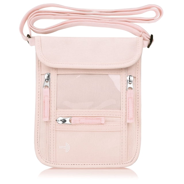 Funda de cuello con soporte para pasaporte WALNEW, con bloqueo RFID, rosa