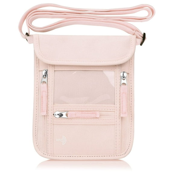 Funda de cuello con soporte para pasaporte WALNEW, con bloqueo RFID, rosa