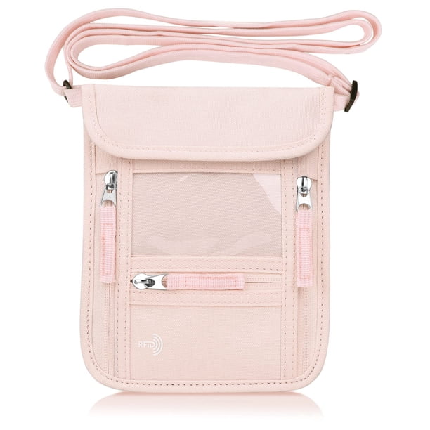 Funda de cuello con soporte para pasaporte WALNEW, con bloqueo RFID, rosa