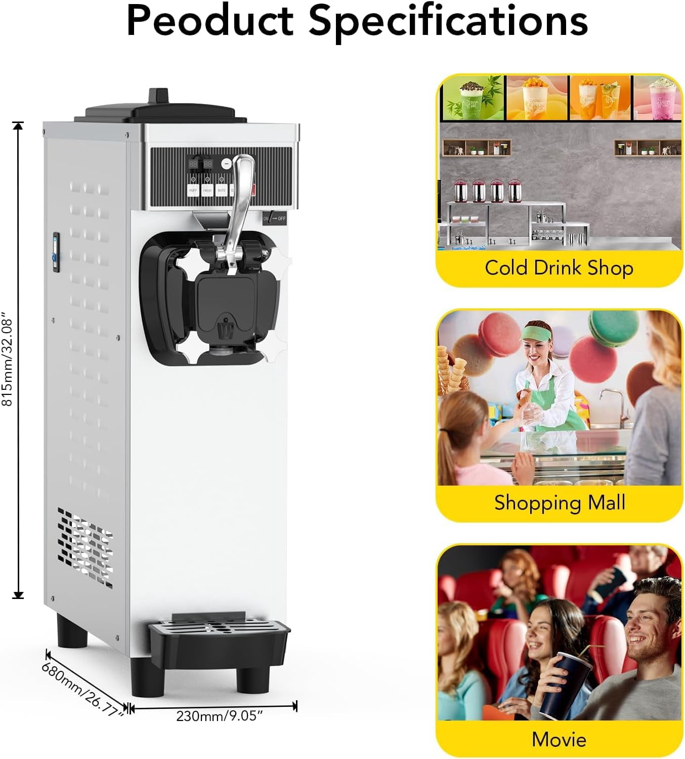 NEILA Commercial Ice Cream Maker Machine with 7L Hoppers 1200W, 4.7-5.8Gal/h Auto-Clean Single Flavor Soft Serve Ice Cream Machine, for Bars/Restaurants