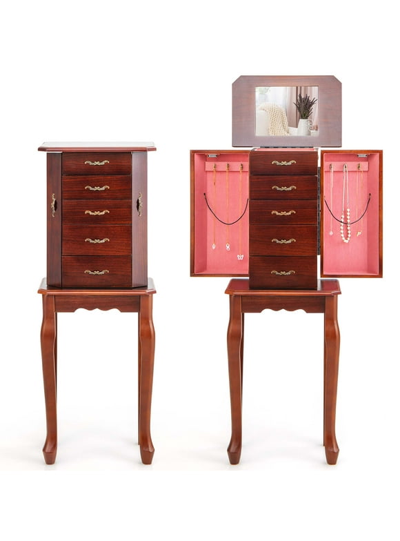 Costway Jewelry Cabinet Storage Chest Stand Organizer Wood Box for Home Walnut