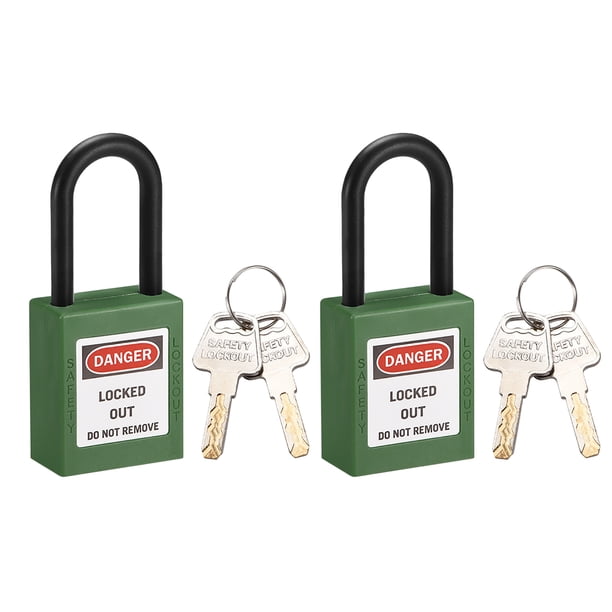 Candados de bloqueo y etiquetado, candado de seguridad de plástico verde con grillete de 1-1/2 pulgadas y llave diferente, 2 pcs