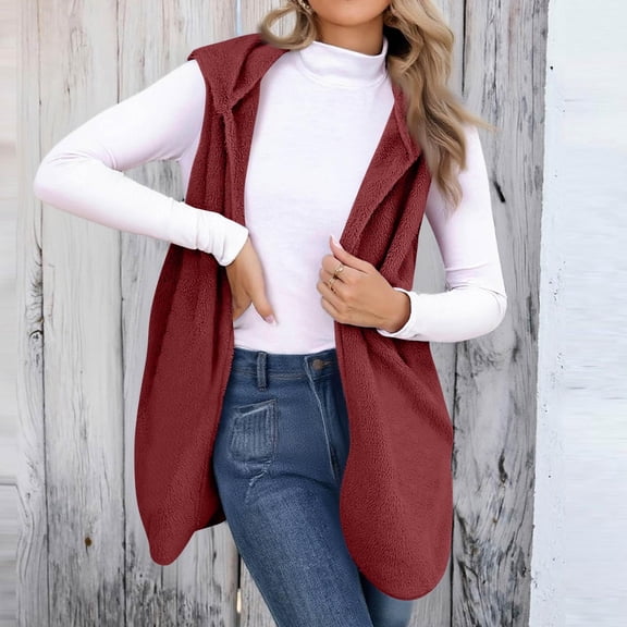 HAiming Fleece Vest Hooded Cardigan for Women Open Front Solid Color Sleeveless Soft Comfy Jacket Trendy Coats