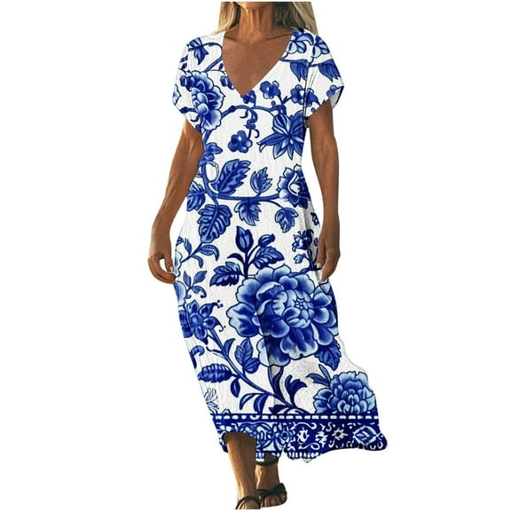 Taqqpue Womens Summer Maxi Dresses V-Neck Short Sleeve High Waist Flowy T Shirt Dress Casual Loose Sundress Tropical Print Beach Dresses