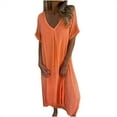 thumbnail image 2 of Gspmoly Robe Femme, Mode Décontractée Col en V Couleur Unie Manches Courtes Robe Ample Robes de Cocktail pour Femmes Cadeaux de Vacances, 2 of 6