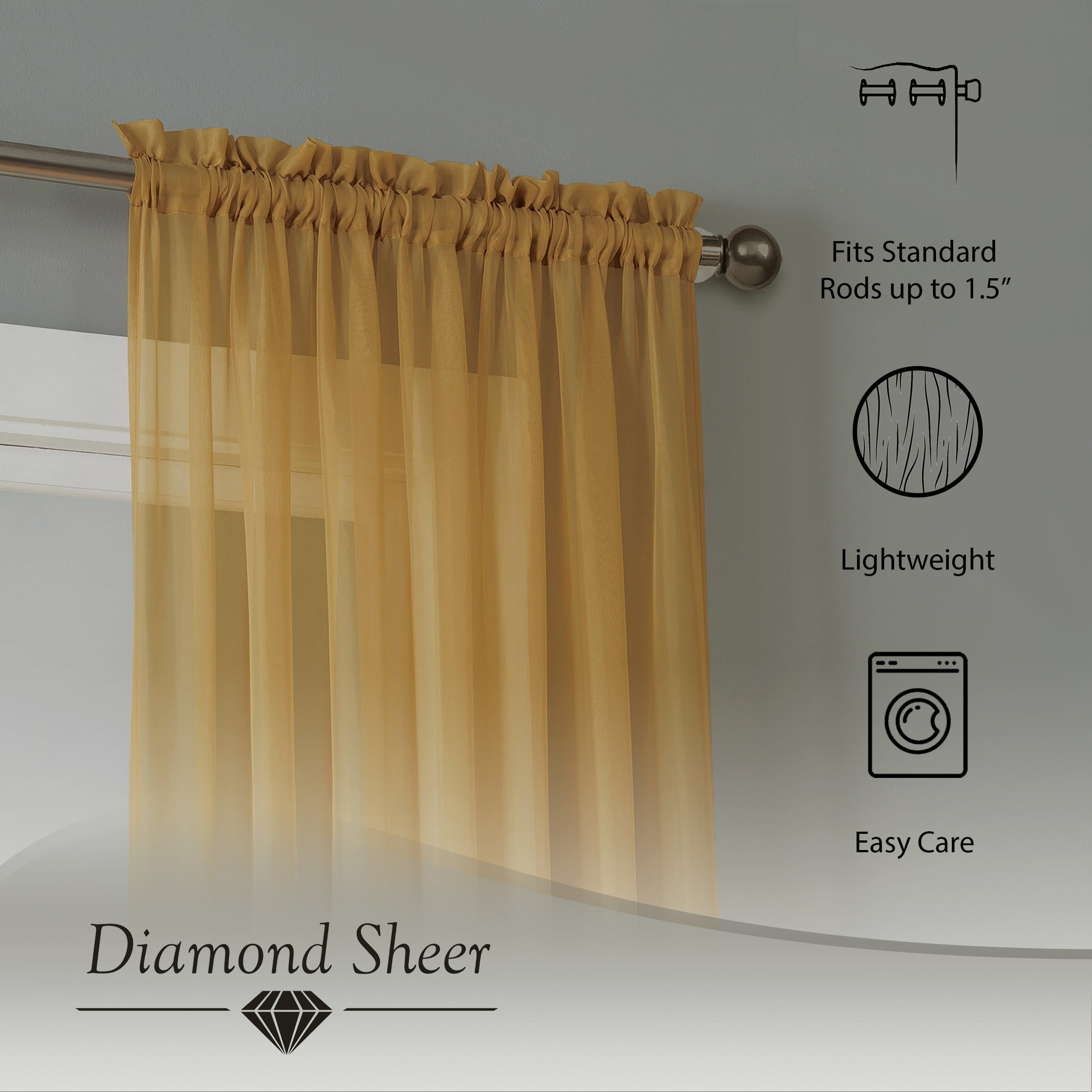 Diamond Sheer Voile Extra Wide 56" x 84" Rod Pocket Window Curtain Panel, Gold
