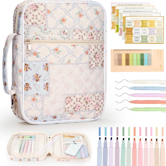 DAKIMOE Bible Cover Case for Women Bible Bag with Durable Handle Quilted Carrying Book Case Church Bag Bible Study Supplies Accessories Gift for Mother Lady Women, Patched Flower