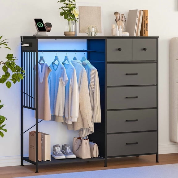 Kicctian Dresser with Hanging Rack and LED Lights, 6-Drawer Closet Organizer with Charging Station,Wide Dresser for Bedroom,Black