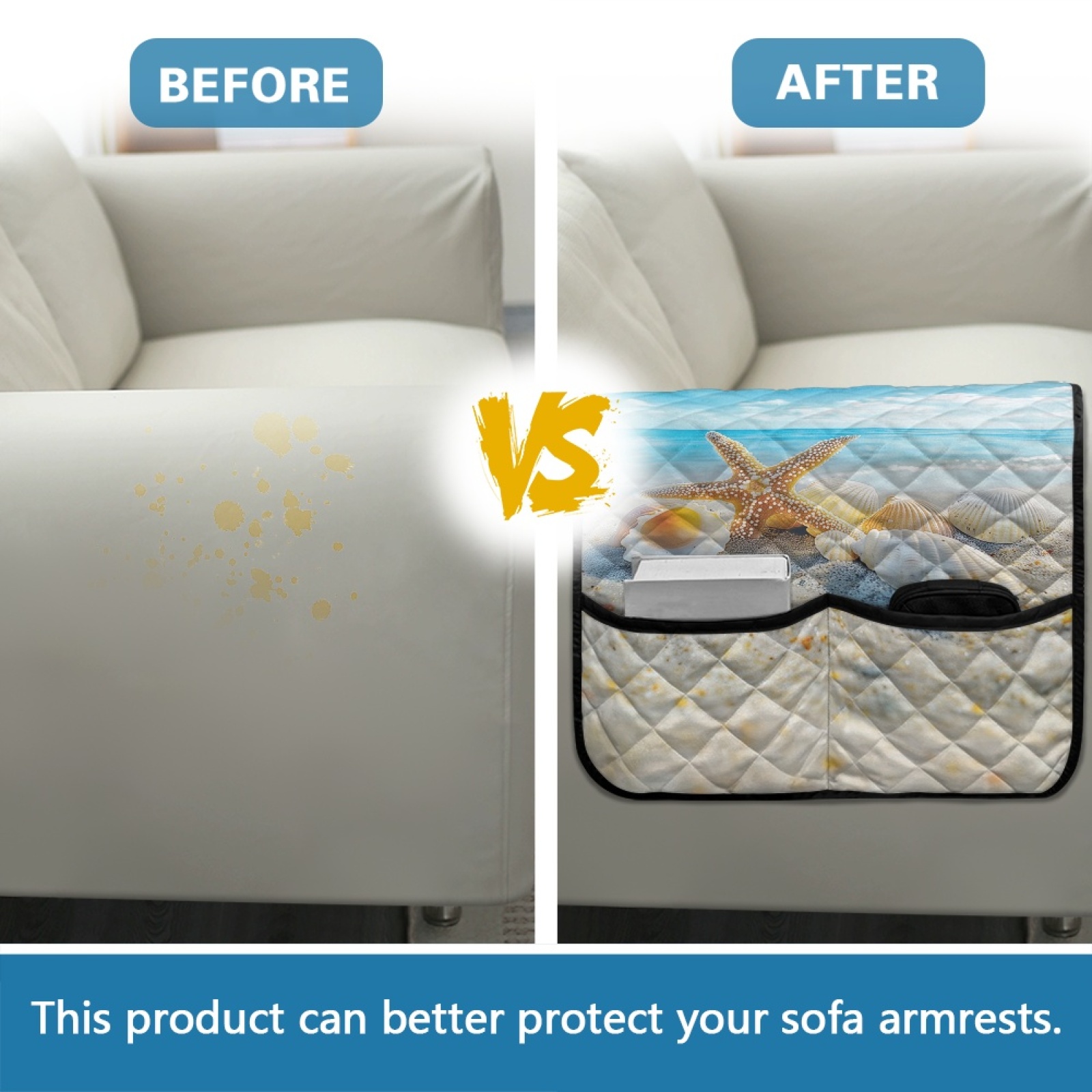 TSOVTHRID Beach Starfish Seashells Print Armrest Cover for Sofa with 2 Side Organizer Pockets 44x20 inch Arm Covers for Loveseat, Recliner, Chair Anti-scratch Armchair Protector