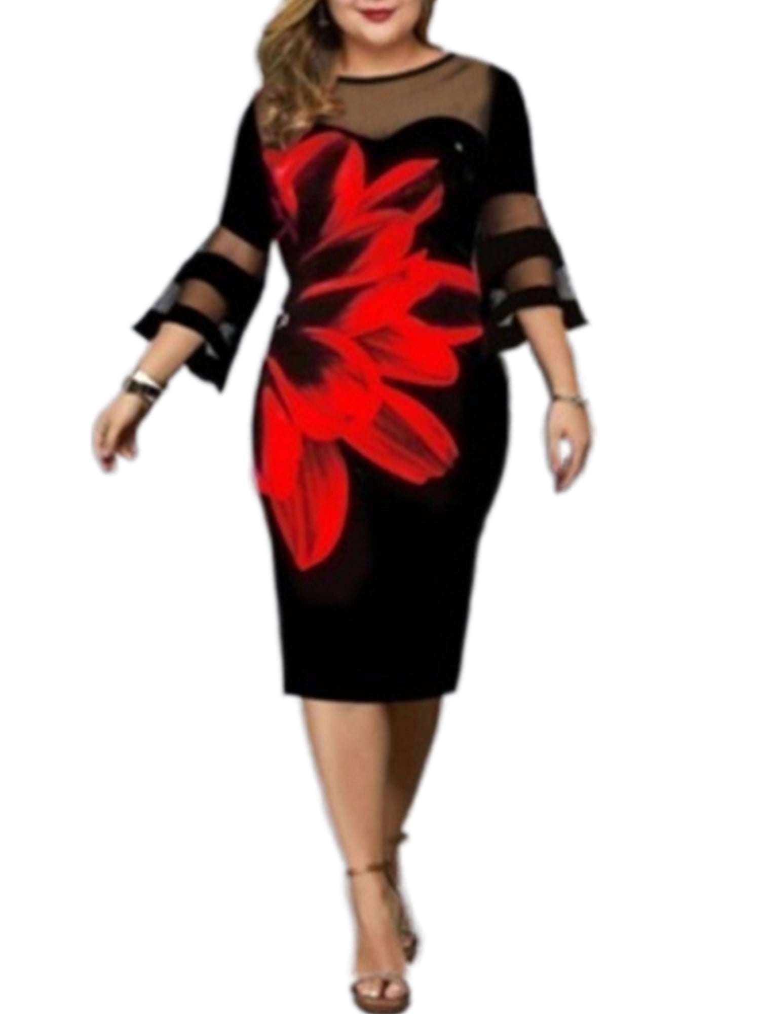 Gvmfive Women Plus Size Party Cocktail Formal Dress Flared 3/4 Sleeve