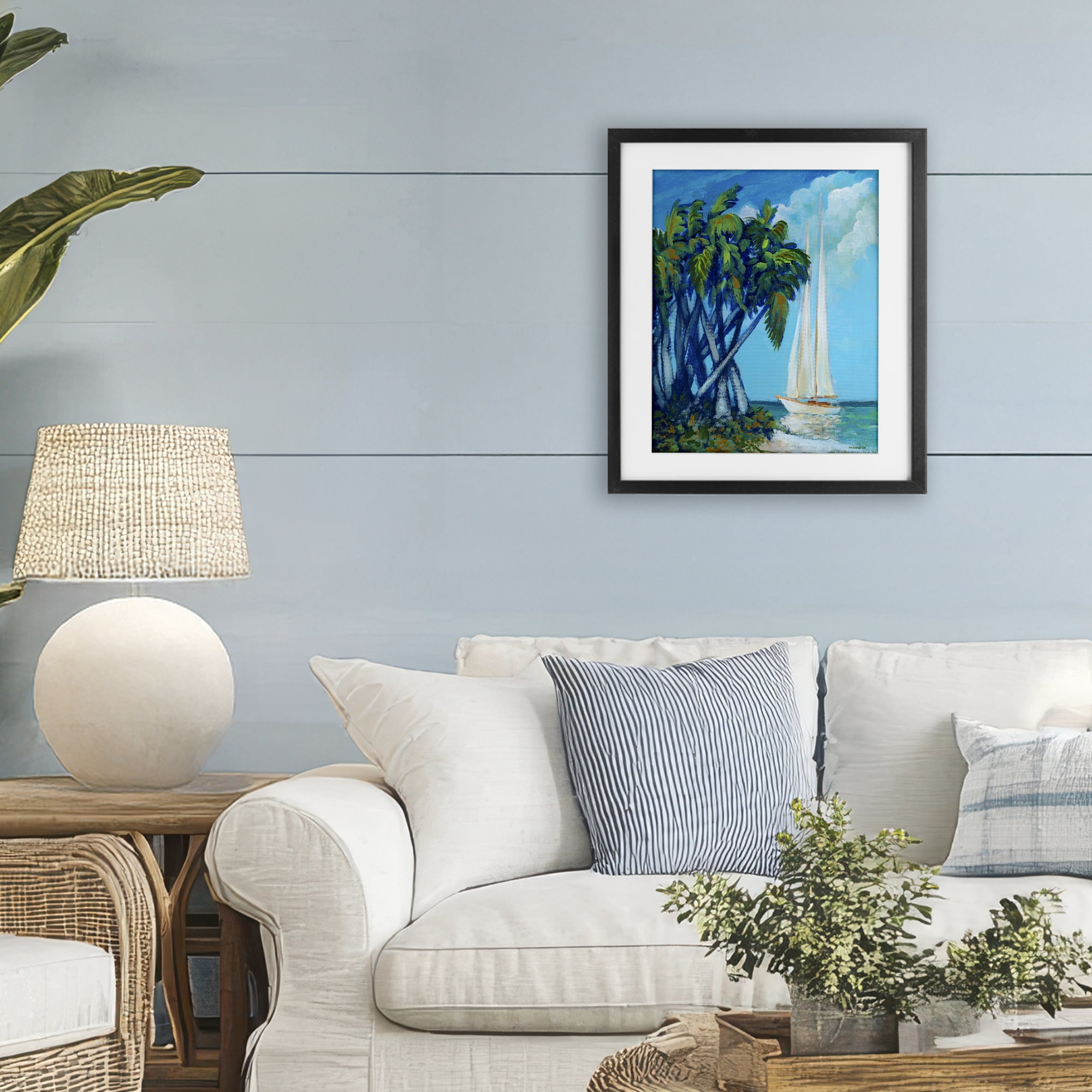 Stupell Industries Sailboat & Twisted Palms Black Framed Print Under Glass, design by Dan Meneely