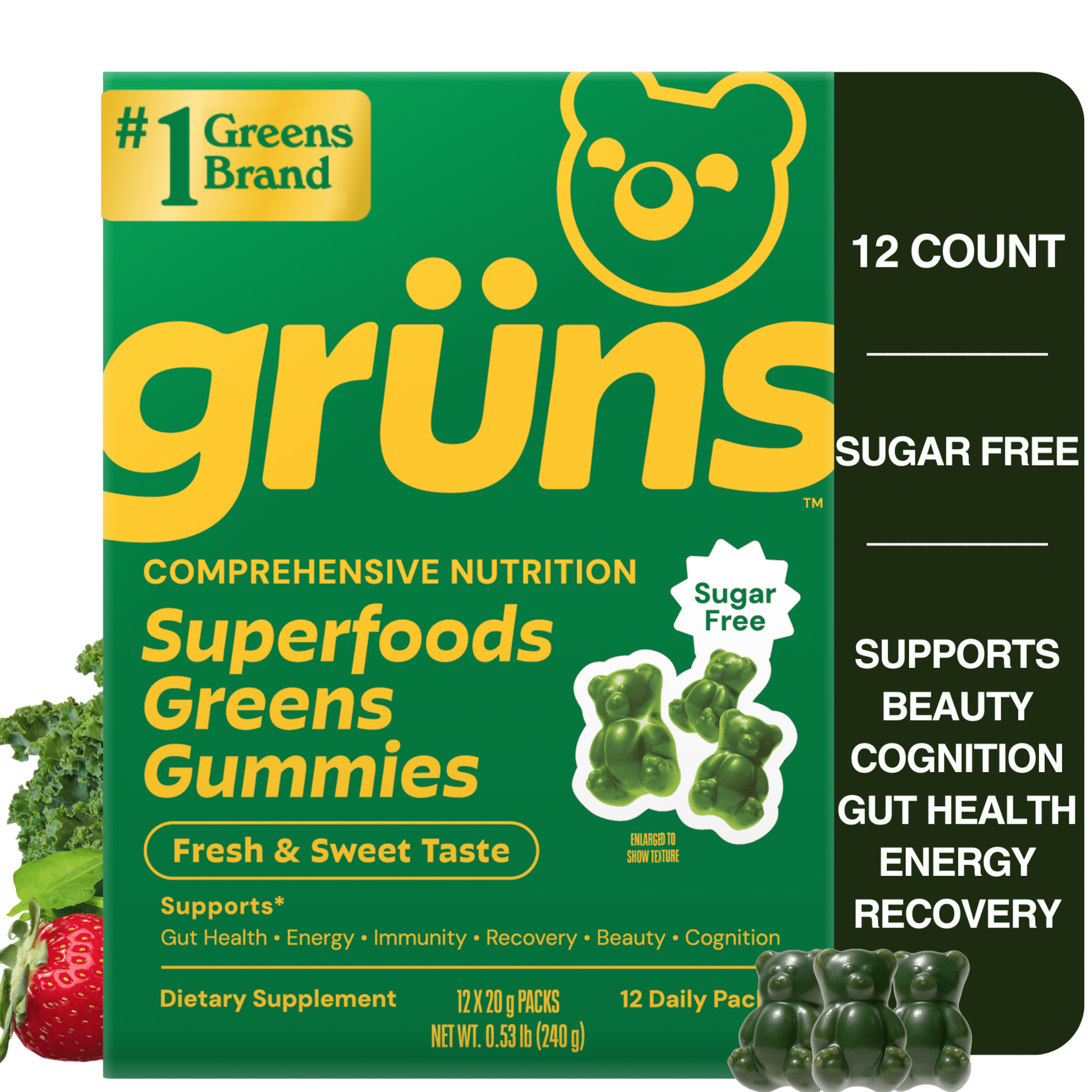 Gruns Sugar Free Superfood Multivitamin Greens Gummies for Adults, 12 Count
