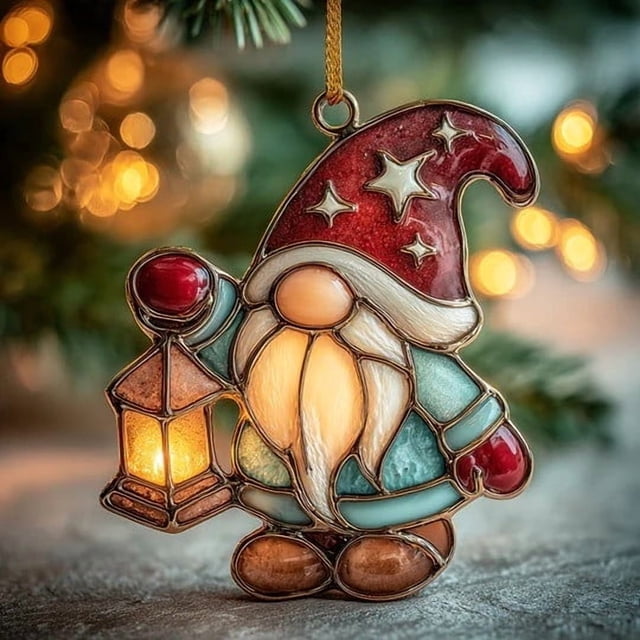Set de adornos acrílicos de gnomos navideños – Figuritas de folclore nórdico hechas a mano • Decoración de árbol iluminada por LED • Efecto de ventana de catedral • Decoraciones coleccionables