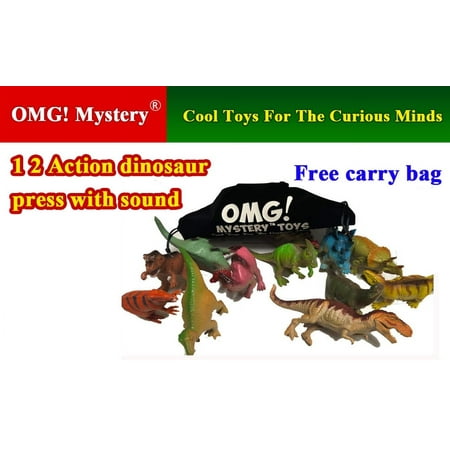 OMG Dinosaur Toys - 7 inches Realistic Looking Dinosaurs Press with Sound [Pack of 12] -Plastic Dinosaur Figures for Dino-Themed Events, Dinosaurs History Educational Sheet. Assorted Kids Toys