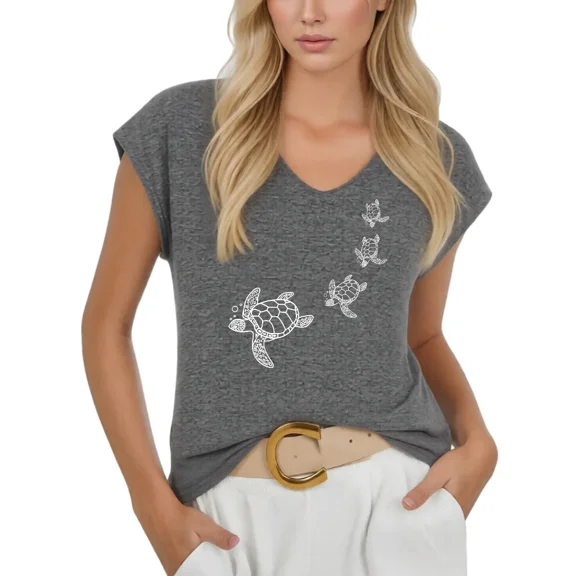 Cozymy Women's Simple Sea Turtle Line Art V-Neck Sleeveless T-Shirt Casual Ocean Animal Print Tank Top