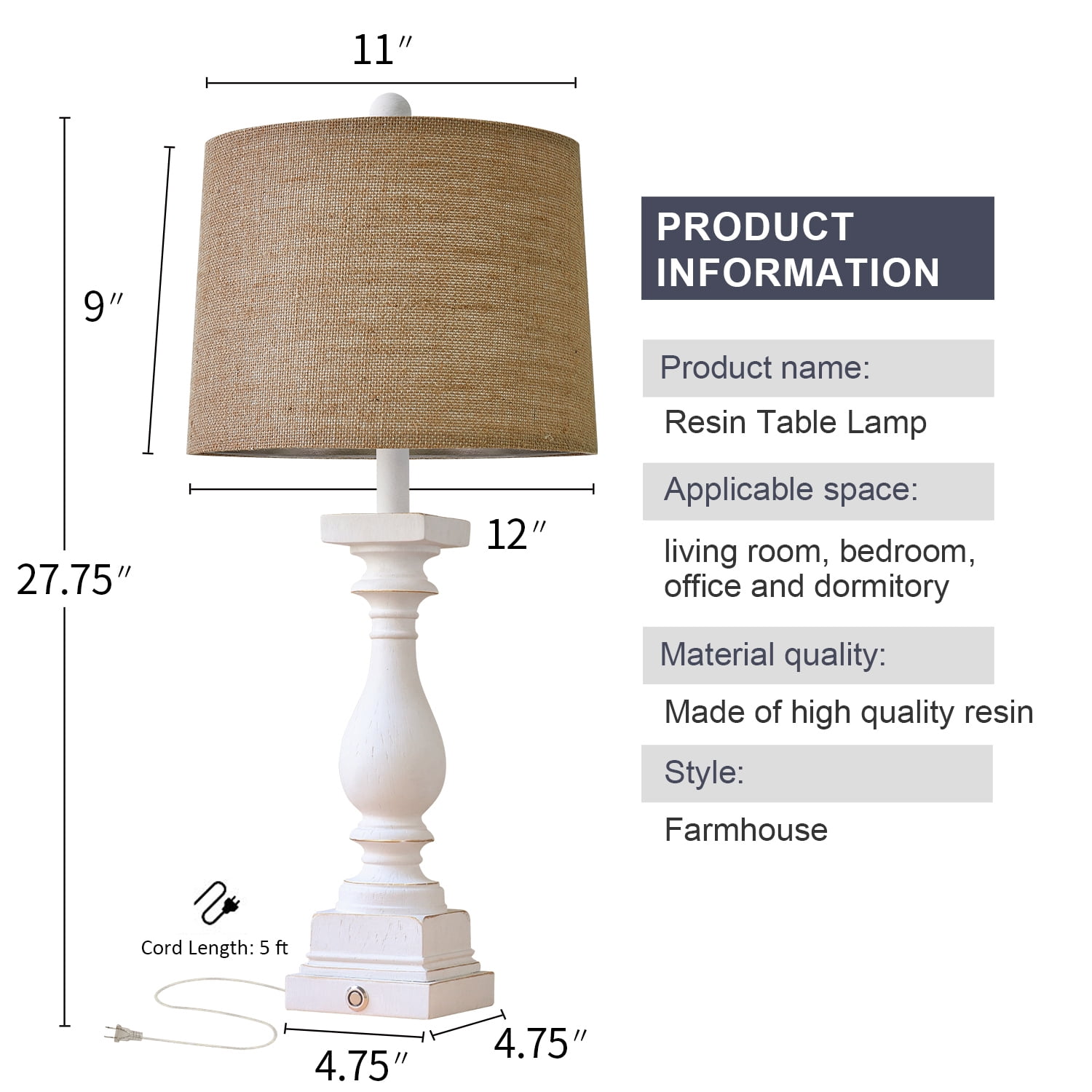 Oneach 3 Way Dimmable Touch White Table Lamp Set of 2 with USB Ports for Living Room Bedroom 27.75" Farmhouse Resin Bedside Nightstands Lamps(Bulbs)