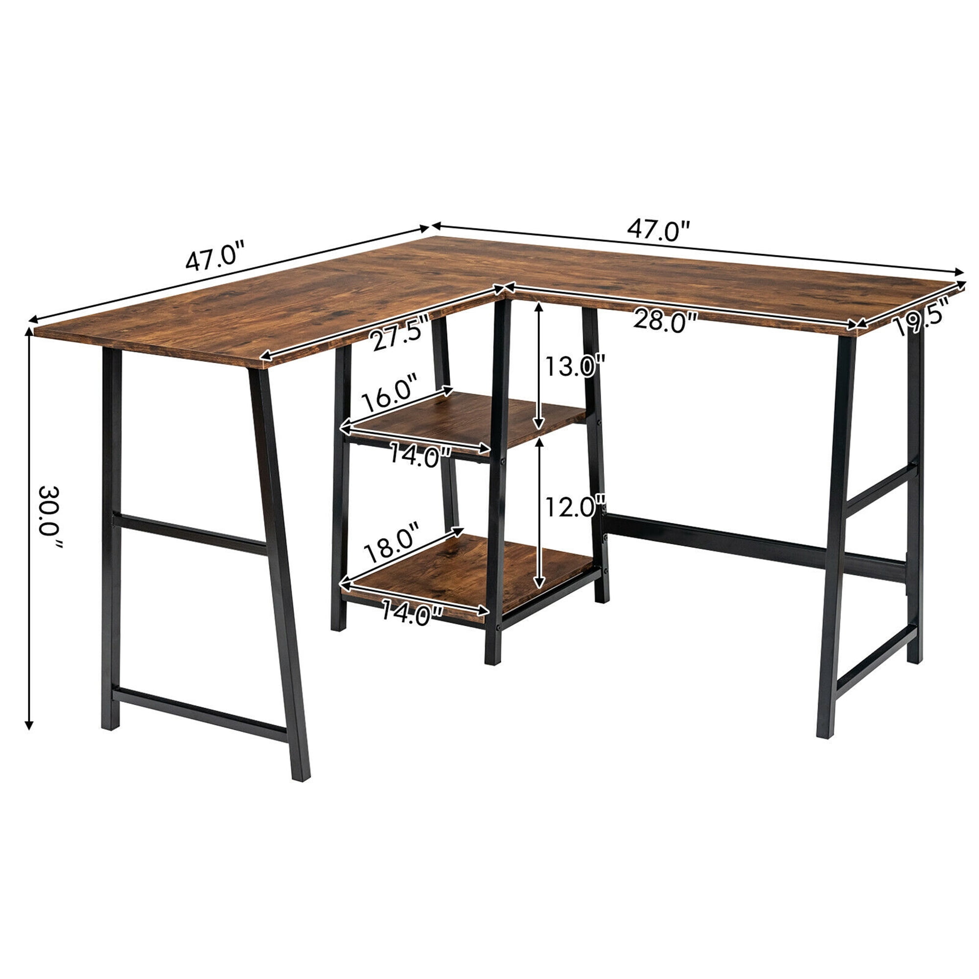 Gymax L Shaped Study Table Corner Computer Desk w/Storage Shelves Brown