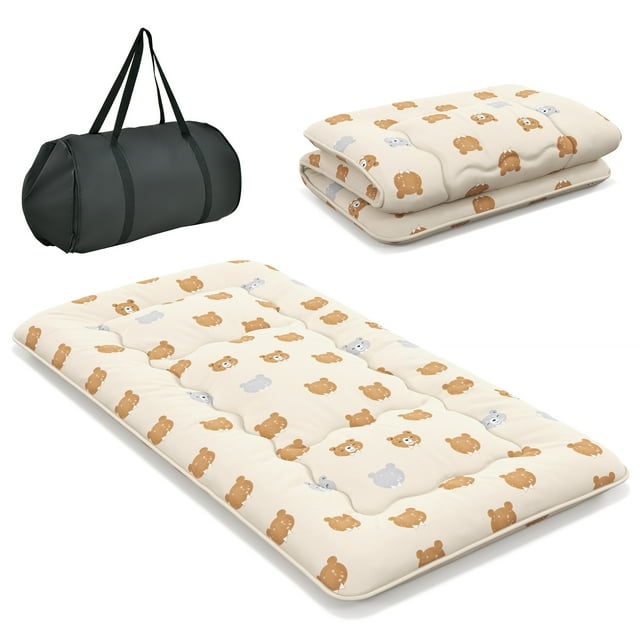 Costway Matelas Futon Double Coussin de Sol Japonais Housse Lavable Sac de Transport Ours Brun
