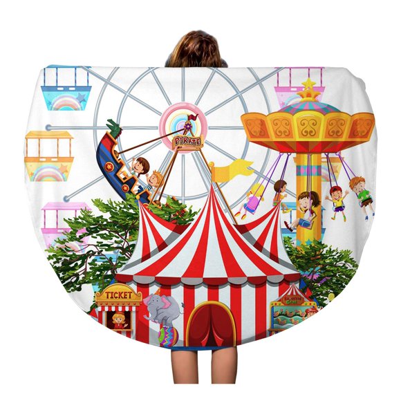 NUDECOR 60 inch Round Beach Towel Blanket Carnival Amusement Park Scene Many Rides Food Circus Game Travel Circle Circular Towels Mat Tapestry Beach Throw
