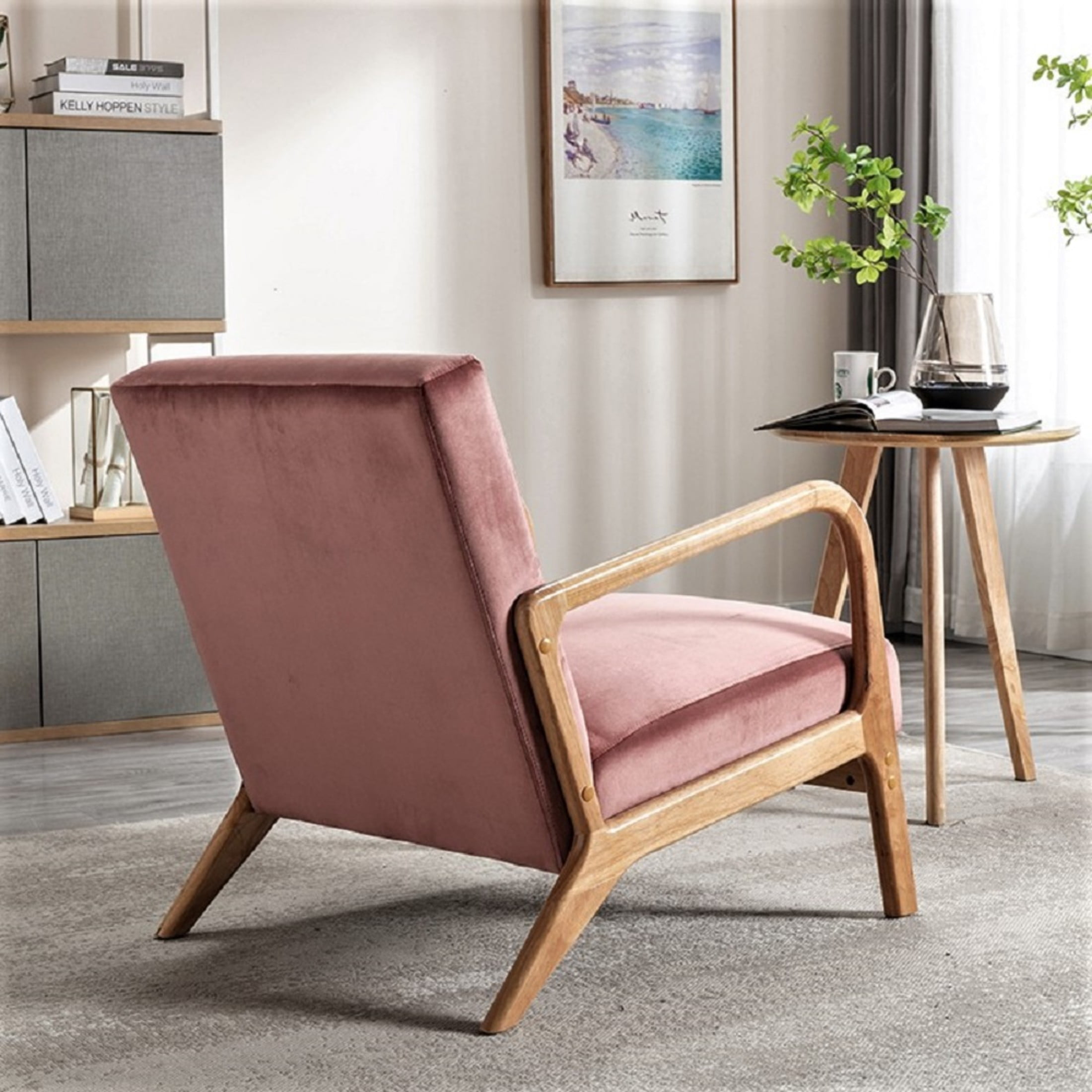 GDF Studio 32.7" Mid-Century Modern Accent Chair with Open Wood Frame, Plush Velvet Upholstery, Rose