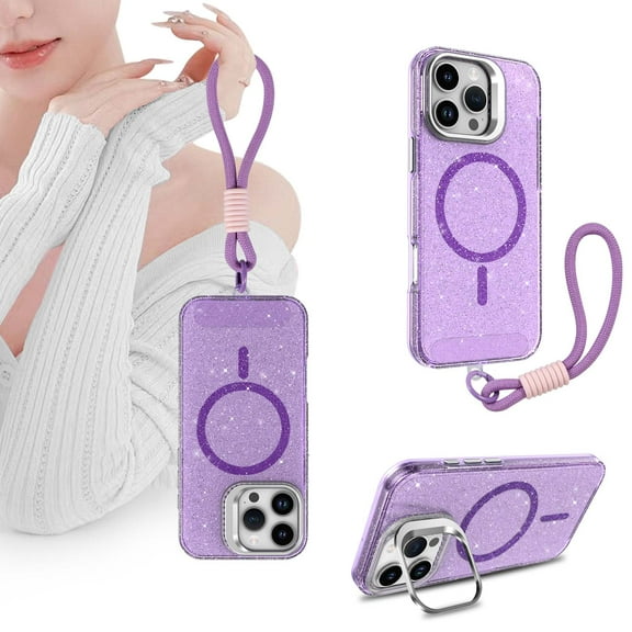 For iPhone 16 Phone Case,Compatible with Mag-Safe,Built-in Lens Ring Kickstand,Bling Glitter Transparent Back Desugn,With Wrist Strap,Shockproof Durable Rugged Thin Fit Phone Case,Purple
