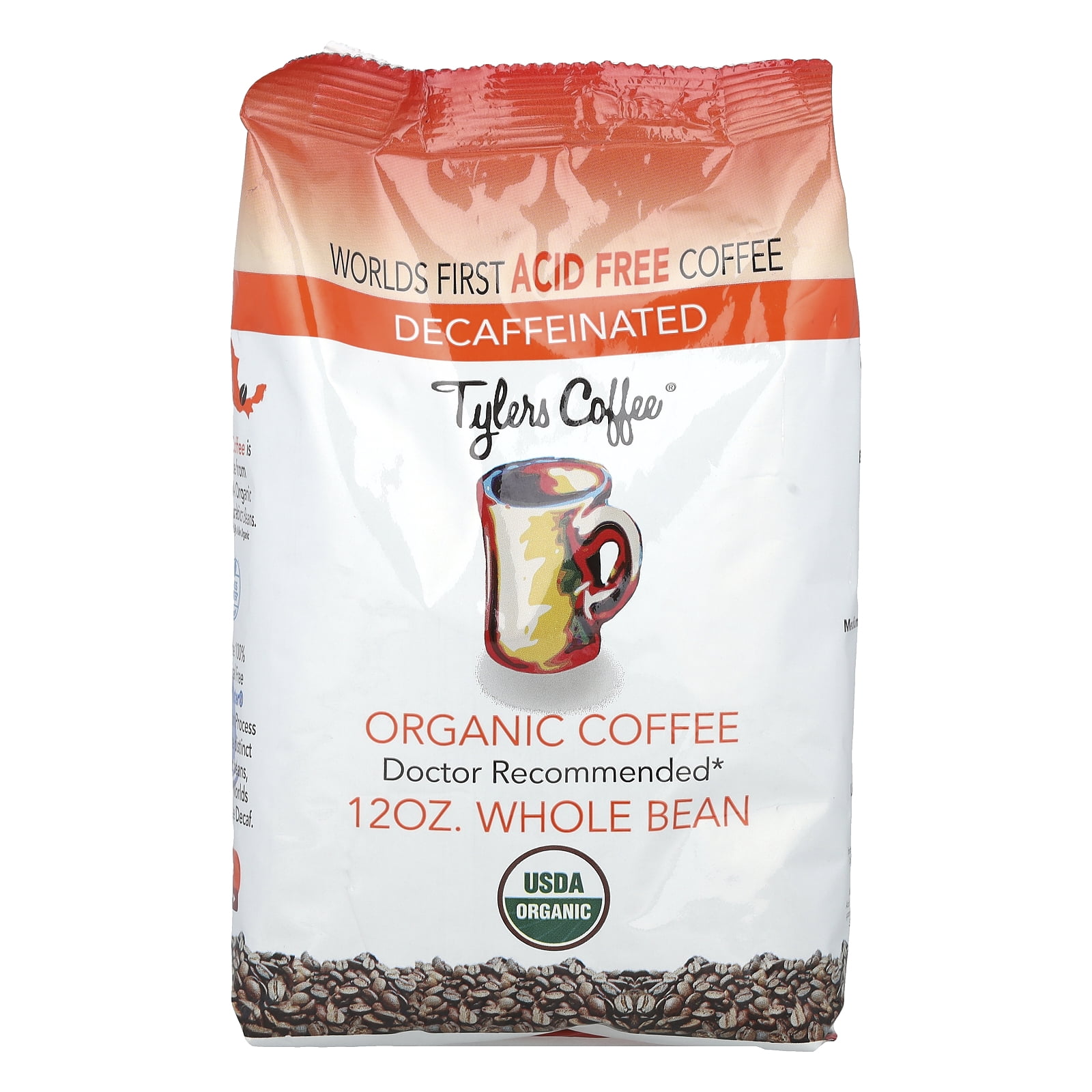 Tylers Coffees Organic Coffee, Whole Bean, Decaffeinated, 12 oz