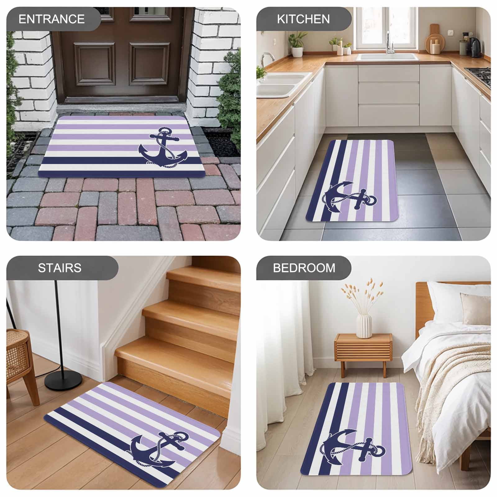 Anchor Purple Doormat Outdoor Entrance 24"x36", Modern Navy Blue White Striped Nautical Absorb Moisture Dirt Door Mats, Non-Slip Rubber Backing Floor Mats Indoor, Low-Profile Front Door Rugs