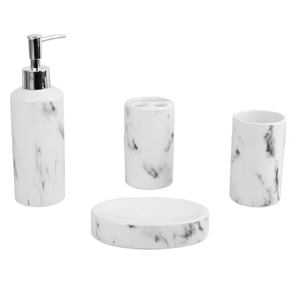 Home Basics White Ceramic Modern Bathroom Accessories 4 Piece Set 