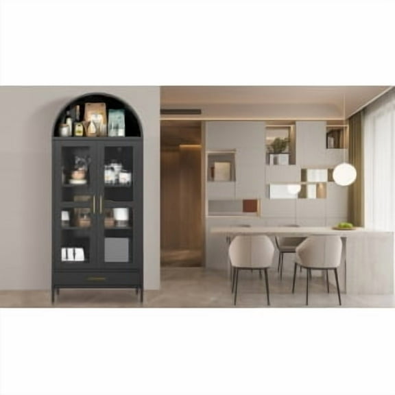 Rugerasy 73 inch Tall Metal Arched Cabinet,Freestanding Cabinet with Glass Door, 2 Adjustable Shelves,Modern Farmhouse Display Bookshelf, for Home,Black