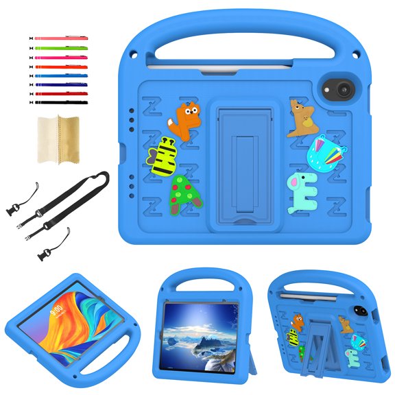 for iPad mini 6th Gen 8.3" 2021 / iPad mini 7th Generation (A17 Pro) 2024 8.3" Silicone Kids Shockproof Cute Case with Handle, Multiple Angles Stand Rugged Cover with Removable Shoulder Strap, Blue