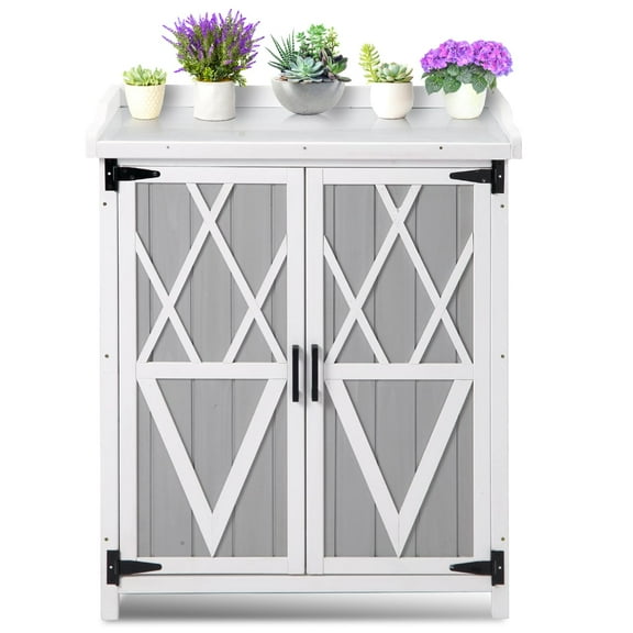 TROPOW Sheds&Outdoor Storage,Potting Bench Outdoor Cabinet with Metal Tabletop,Wooden Storage Cabinets Weatherproof for Outside,Planting Work Benches with Adjustable Shelf,Doors for Garden Patio Lawn