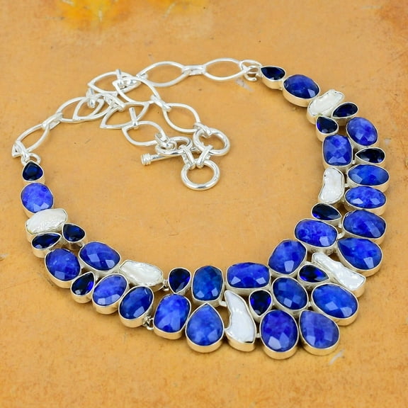 Sapphire, Pearl & Blue Topaz Necklace – Handmade 925 Sterling Silver Jewelry with Natural Gemstones